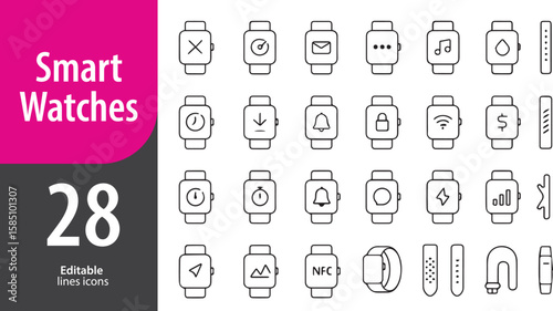 Smartwatches Line Icons, Fitness Tracker, Heart Rate, Notification Alert, Digital Display, Time Management, Editable Formats: AI, EPS, PNG, Ideal for Both UI and Print Media Use
