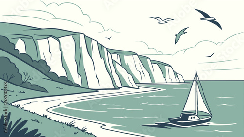 Coastal illustration featuring a sailboat navigating the sea near white cliffs under a cloudy sky.
