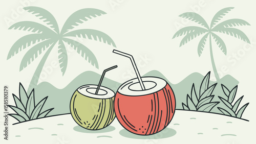 Illustration of two coconuts with straws on a beach with palm trees.