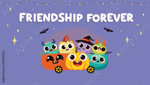 Cartoon halloween illustration featuring monsters and pumpkins in a wagon with friendship forever text