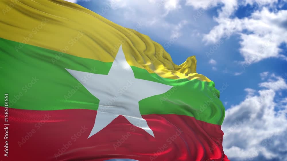 flag of Myanmar. close up of Myanmar flag blowing in the wind. Myanmar flag loop.
