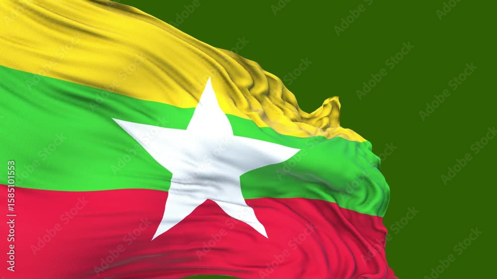 close up of Myanmar flag blowing in the wind. Myanmar flag loop. green screen