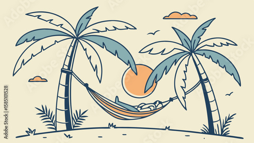 A person relaxing in a hammock strung between two palm trees on a beach with the sun setting.