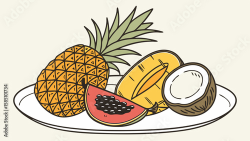 A plate of tropical fruits including pineapple, papaya, coconut, and mango.