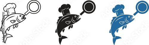 Delicious seafood logo features a fish wearing a chef's hat and frying pan, perfect for restaurant branding or culinary design projects.