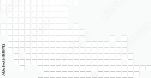 An abstract pattern of intersecting light gray squares forms a fragmented shape against a white backdrop, offering a modern and minimalist visual with a technological feel.