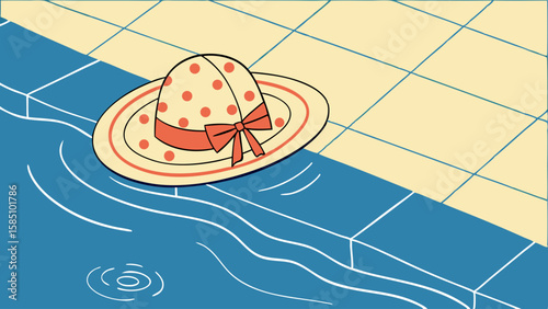 Polka dot sunhat rests on the edge of a blue tiled swimming pool.