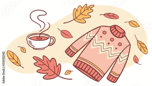Illustration of a cozy autumn day with a warm drink, knitted jumper, and falling leaves.