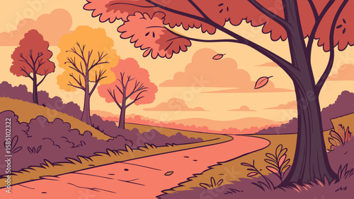 Autumnal landscape with a winding road through a colorful forest.