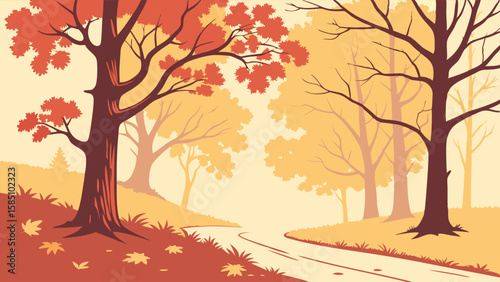 Autumnal River Scene:  A stylized illustration of a calm river flowing through a forest of trees with red and orange leaves.