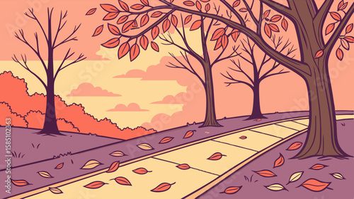 An illustrative autumn landscape with trees shedding their leaves along a winding country road.