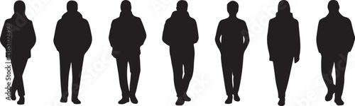 Silhouettes of people standing and walking black white vector, isolated on white background, cutout, png, clipping path, transparent, image, download, 2025,2026 download