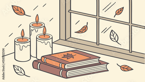 Cozy autumn scene with candles, books, and falling leaves by a window.