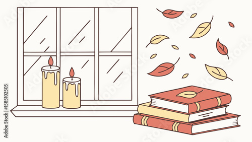 Cozy autumn scene with lit candles on a windowsill, a stack of books, and falling leaves outside.