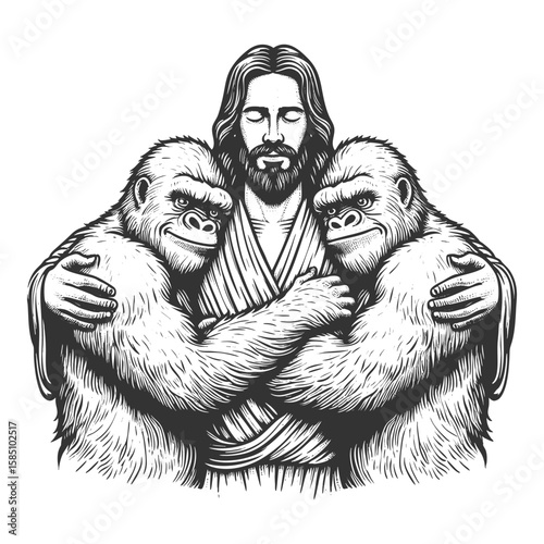Jesus Christ with closed eyes, peacefully embracing two gorillas in a symbolic gesture of unity sketch engraving generative ai fictional character vector illustration. Scratch board. Black and white.