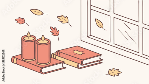 Cozy autumn scene with lit candles on books next to a window with falling leaves.