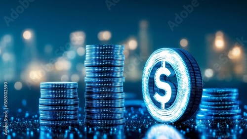 Stacks of glowing blue coins, with one prominently featuring a dollar sign, stand on a circuitry-like surface against a blurred city lights background.
