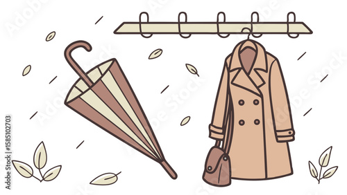 An illustration depicting an autumn or rainy day scene with a closed umbrella, a trench coat hanging on a rack, a handbag, and falling leaves.