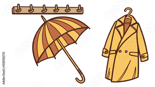 A cartoon illustration of a yellow trench coat on a hanger, a striped umbrella, and a wooden wall-mounted coat rack.