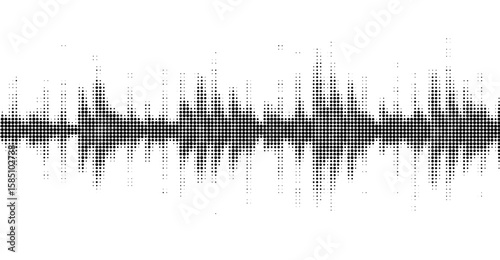 Halftone pattern shows a black and white sound wave shaped graphic, creating a visual representation of auditory data against a clean, contrasting white background