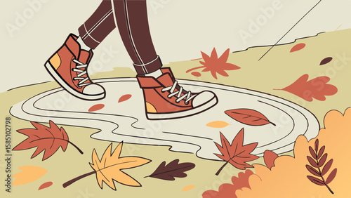 Person in red high-top sneakers walking through autumn leaves and a puddle.