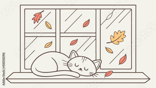 A cute, sleeping cat rests on a windowsill with autumn leaves falling outside the window.