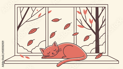 A sleeping orange cat on a windowsill, autumn leaves falling outside.