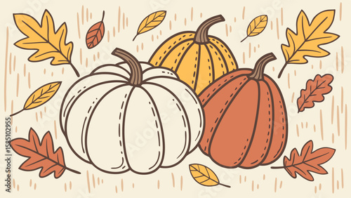 A charming illustration featuring three pumpkins of different colors surrounded by autumn leaves, set against a textured background.
