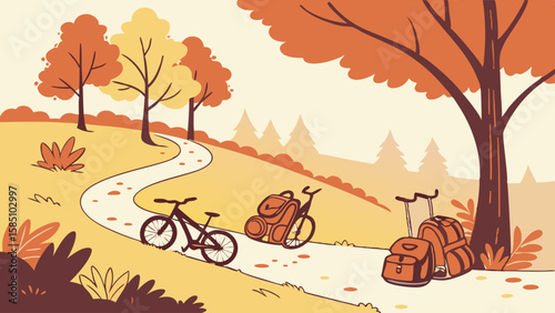 An illustration of a winding path in an autumn park with bicycles and luggage ready for a journey.