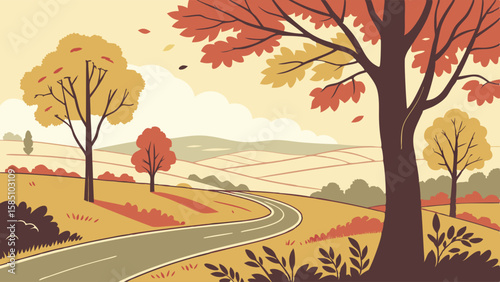 A winding country road through a rolling autumn landscape with colorful trees and patchwork fields in a flat vector illustration style.