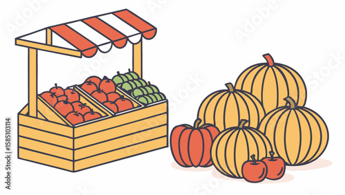 An illustration of a farmer's market stall with various fruits and pumpkins.