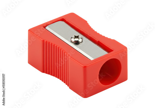 A vibrant red pencil sharpener with a silver blade sits on a clean transparent background