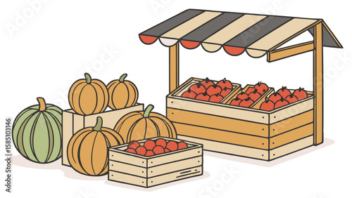 A rustic outdoor market stall displaying pumpkins and tomatoes.