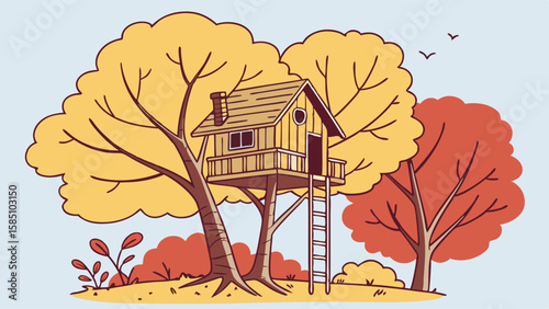 A charming illustration of a wooden treehouse nestled among vibrant yellow and red autumn trees.
