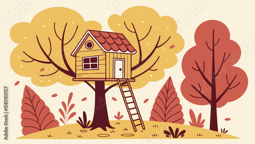 A charming yellow treehouse with a red roof, accessed by a wooden ladder, nestled among autumn trees with falling leaves.