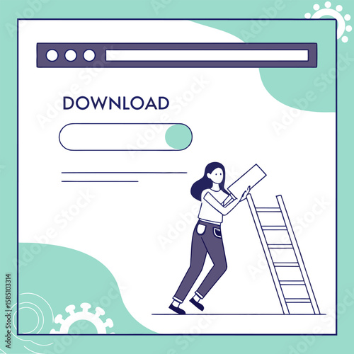 Illustration of a web page with search bar and posts next to a person climbing a ladder and looking
