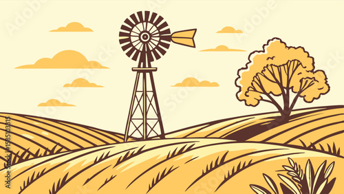 A stylized rural landscape featuring a tall windmill, rolling golden fields, and a solitary tree under a cloudy sky.