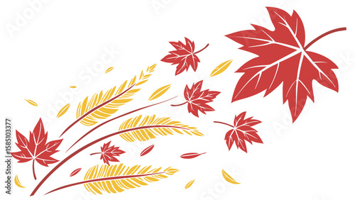 A graceful swirl of red maple leaves and yellow foliage carried on a gentle autumn breeze against a white background.