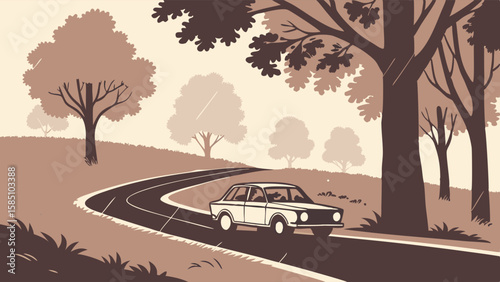 A vintage car drives along a winding road through a park-like setting with trees.