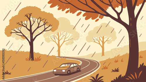 A car drives down a winding road through a landscape with trees during a rain shower.