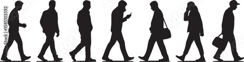 Silhouettes of people walking in various poses black white vector, isolated on white background, cutout, png, clipping path, transparent, image, download, 2025,2026 download