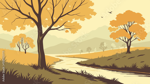 A serene autumn picnic scene unfolds under a large tree, featuring a teapot, cup, and a slice of cake on a checkered blanket amidst fallen leaves and rolling hills.