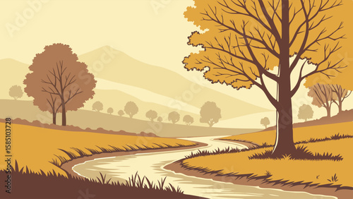 Autumnal landscape with a winding river and trees.