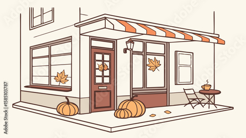 A charming corner storefront decorated for autumn with pumpkins and fall leaves.