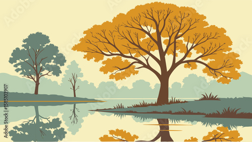 Scenic landscape with trees reflected in water, vector illustration.