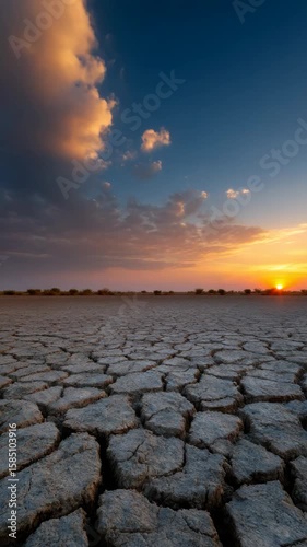 Sunset over cracked, dry desert landscape with sparse vegetation under cloudy skies.