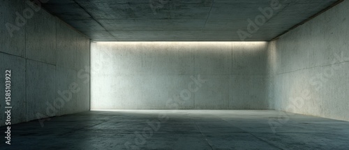 The expansive concrete interior space with soft lighting and minimalist design.