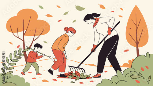 Family raking leaves together in autumn park.