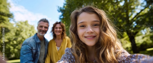 The joyful family enjoying a sunny day together in a beautiful park setting.