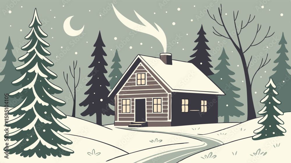 Naklejka premium A cozy winter cabin nestled in a snowy forest under a crescent moon and starry sky.